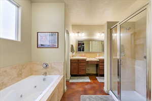 Bathroom featuring vanity and independent shower and bath