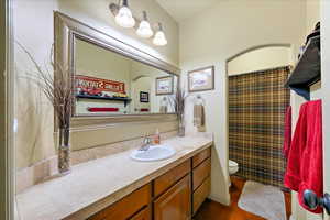 Bathroom with wood-type flooring, vanity, and toilet