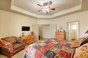 Carpeted bedroom with ceiling fan, a raised ceiling, and ensuite bathroom