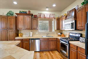 Kitchen featuring appliances with stainless steel finishes, light wood-type flooring, tasteful backsplash, and sink