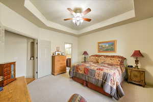 Bedroom with a tray ceiling, connected bathroom, ceiling fan, and carpet flooring