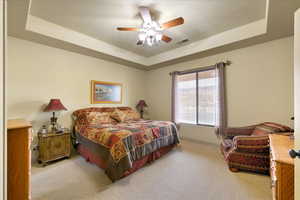 Carpeted bedroom with a tray ceiling and ceiling fan