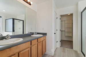 Bathroom with hardwood / wood-style floors, vanity, and a shower with door