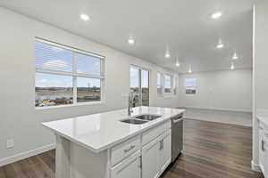 Kitchen featuring sink, dark wood-type flooring, dishwasher, white cabinetry, and an island with sink