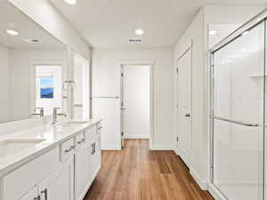 Bathroom featuring vanity, a shower with shower door, and hardwood / wood-style flooring