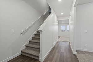 Stairs with hardwood / wood-style flooring