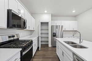 Kitchen with white cabinetry, sink, dark hardwood / wood-style flooring, and appliances with stainless steel finishes