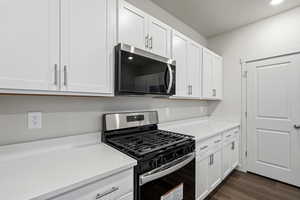 Kitchen featuring white cabinetry, stainless steel appliances, and dark hardwood / wood-style floors