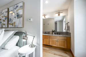 Bathroom featuring hardwood / wood-style floors and vanity