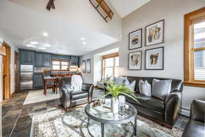 Living room featuring a baseboard radiator and a wealth of natural light