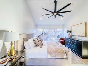 Bedroom with ceiling fan and high vaulted ceiling