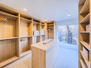 Walk in closet featuring light colored carpet