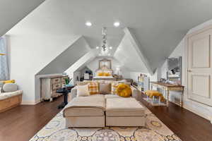 Living room featuring dark wood-type flooring and vaulted ceiling