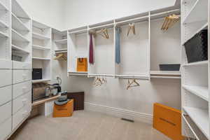 Spacious closet featuring light colored carpet