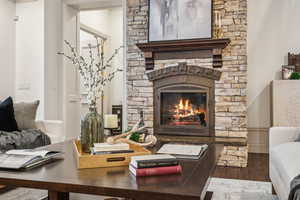 Living room with a stone fireplace and wood-type flooring