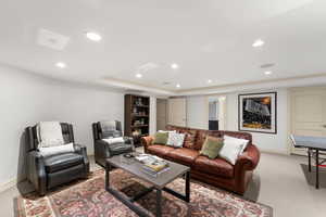 Living room with carpet flooring and a tray ceiling