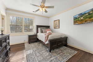 Bedroom featuring hardwood / wood-style floors, ceiling fan, and crown molding