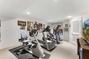 Exercise area with crown molding and light colored carpet