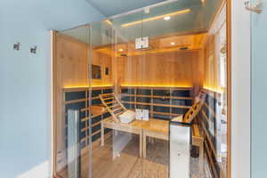 View of sauna / steam room featuring hardwood / wood-style flooring