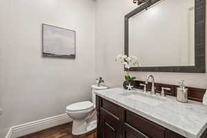 Bathroom with vanity, toilet, and wood-type flooring