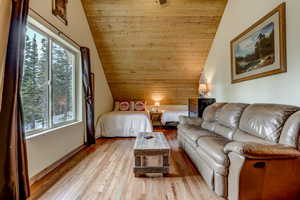 Bedroom featuring light hardwood / wood-style floors, vaulted ceiling, and multiple windows