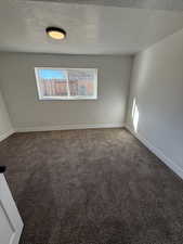 Unfurnished room with carpet and a textured ceiling