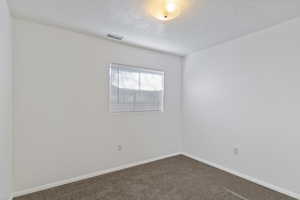 Empty room with carpet flooring and a textured ceiling