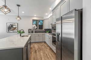 Kitchen with large island for gathering.  Wall oven and microwave. Motorized blind on kitchen window.