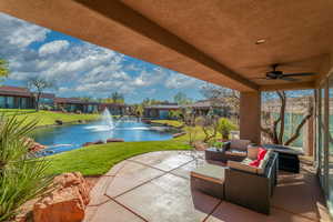 View from patio of water feature