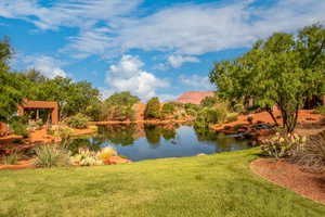 View of water feature with a mountain view from back patio