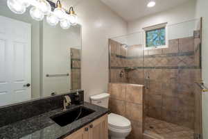 Hall Bathroom featuring vanity, toilet, and walk in shower