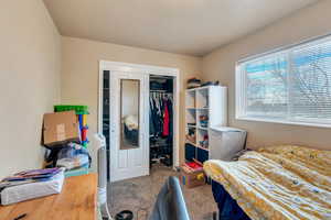 Carpeted bedroom with a closet