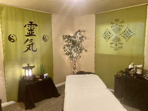 Bedroom featuring carpet flooring and a textured ceiling