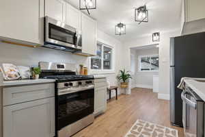 Kitchen featuring stainless steel appliances and light hardwood / wood-style flooring