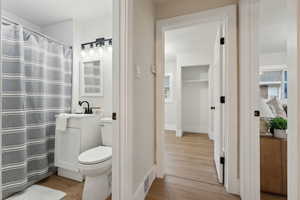 Bathroom featuring toilet, vanity, and hardwood / wood-style flooring