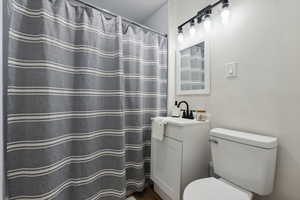 Bathroom with a shower with curtain, toilet, and vanity