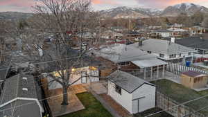 Aerial view at dusk with a mountain view