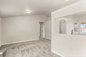 Unfurnished room with light carpet, vaulted ceiling, and sink