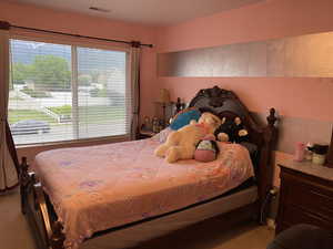 Carpeted bedroom featuring multiple windows