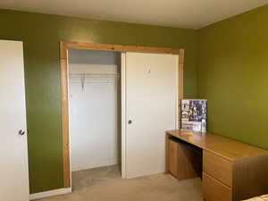 Interior space with a closet and light colored carpet