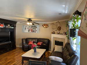 Living room with ceiling fan, ornamental molding, a textured ceiling, dark hardwood / wood-style flooring, and a tiled fireplace