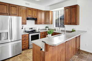 Kitchen with kitchen peninsula and stainless steel appliances