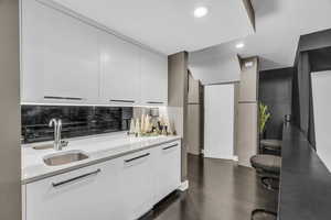 Kitchen with dark hardwood / wood-style flooring, white cabinetry, and sink