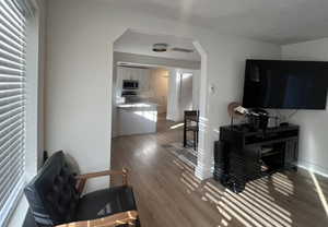 Living room with wood-type flooring and a textured ceiling