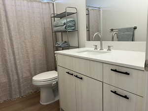 Bathroom featuring hardwood / wood-style floors, vanity, toilet, and a shower