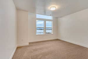 Spare room with carpet and a textured ceiling