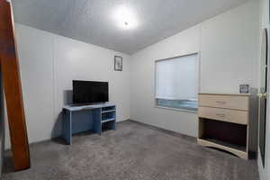 Office space featuring dark carpet, lofted ceiling, and a textured ceiling