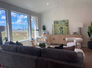 Living room featuring lofted ceiling and hardwood / wood-style flooring