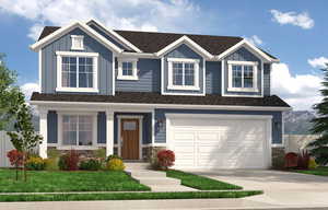 Craftsman-style house featuring a garage and a front lawn