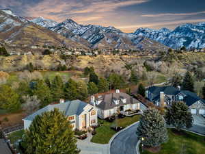 Aerial view at dusk with a mountain view